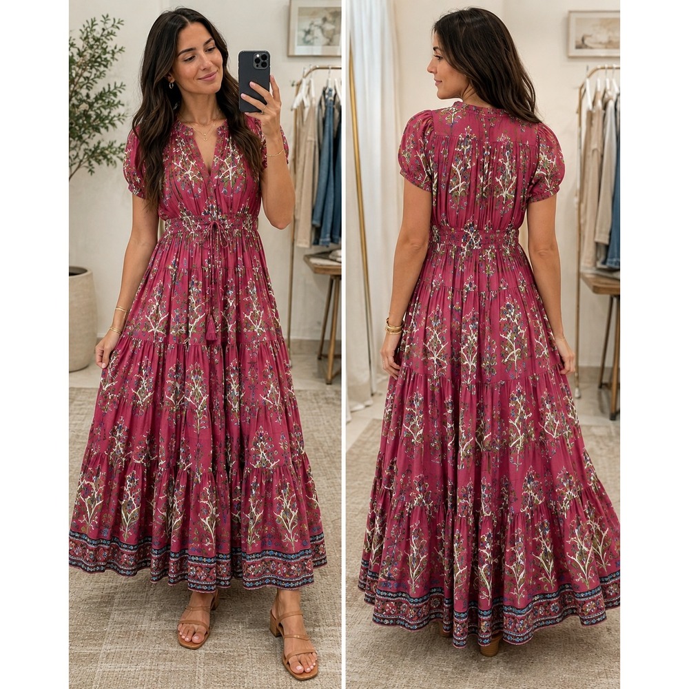 Victoria Dunn Maxi Dress Pink Floral Block Print Cotton Boho Medium